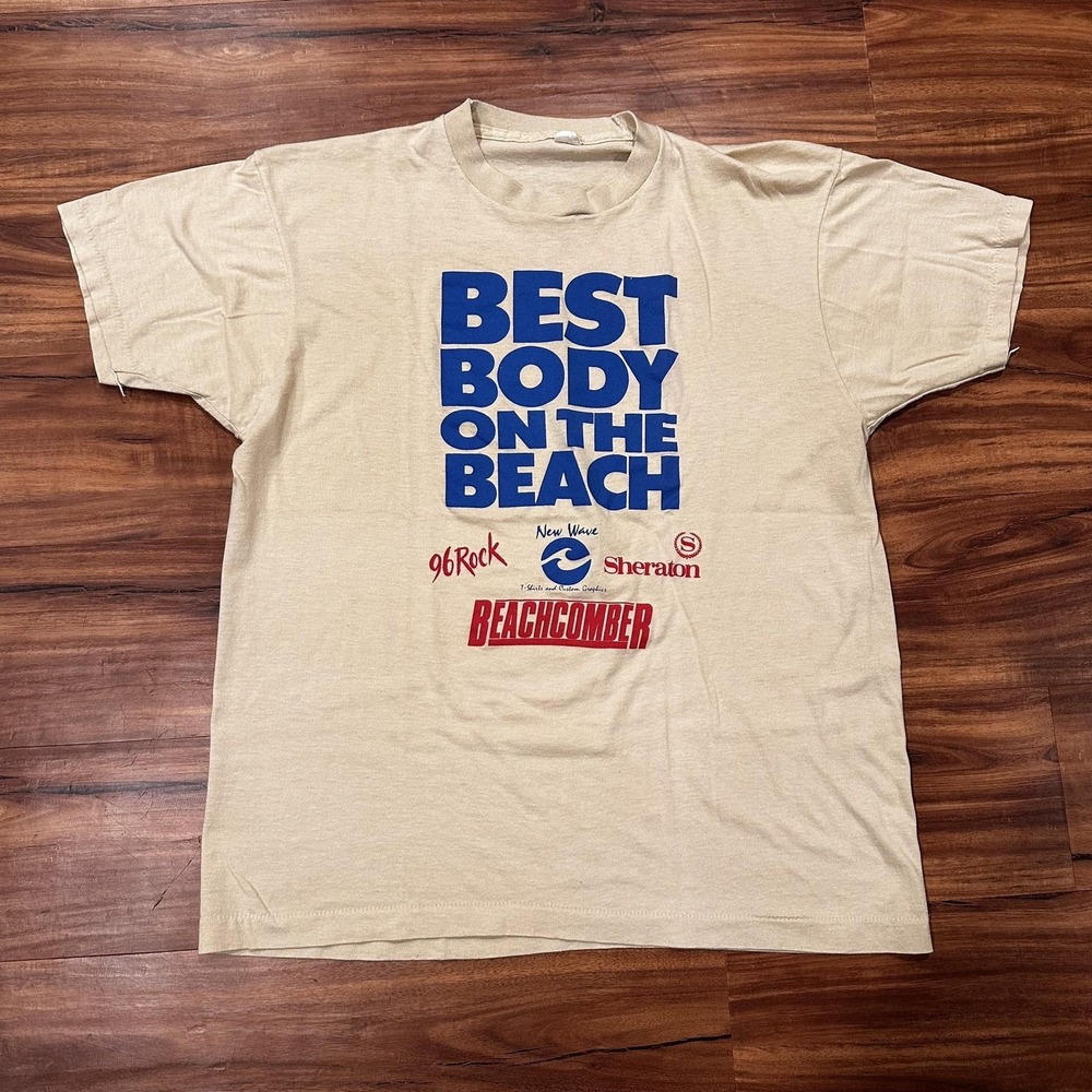 Vintage New Wave Shirt Mens Large Beige Best Body On The Beach 1987 Contestant